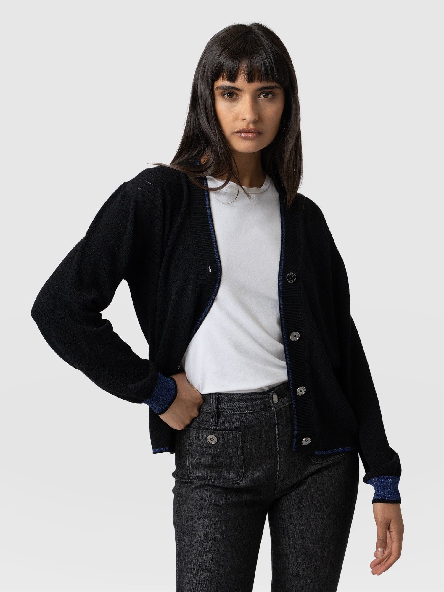 Diamond Knit Cardigan - Black with Navy
